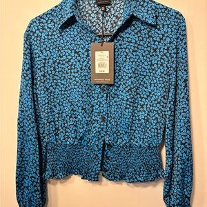 Who What Wear Black and Blue Patterned Blouse